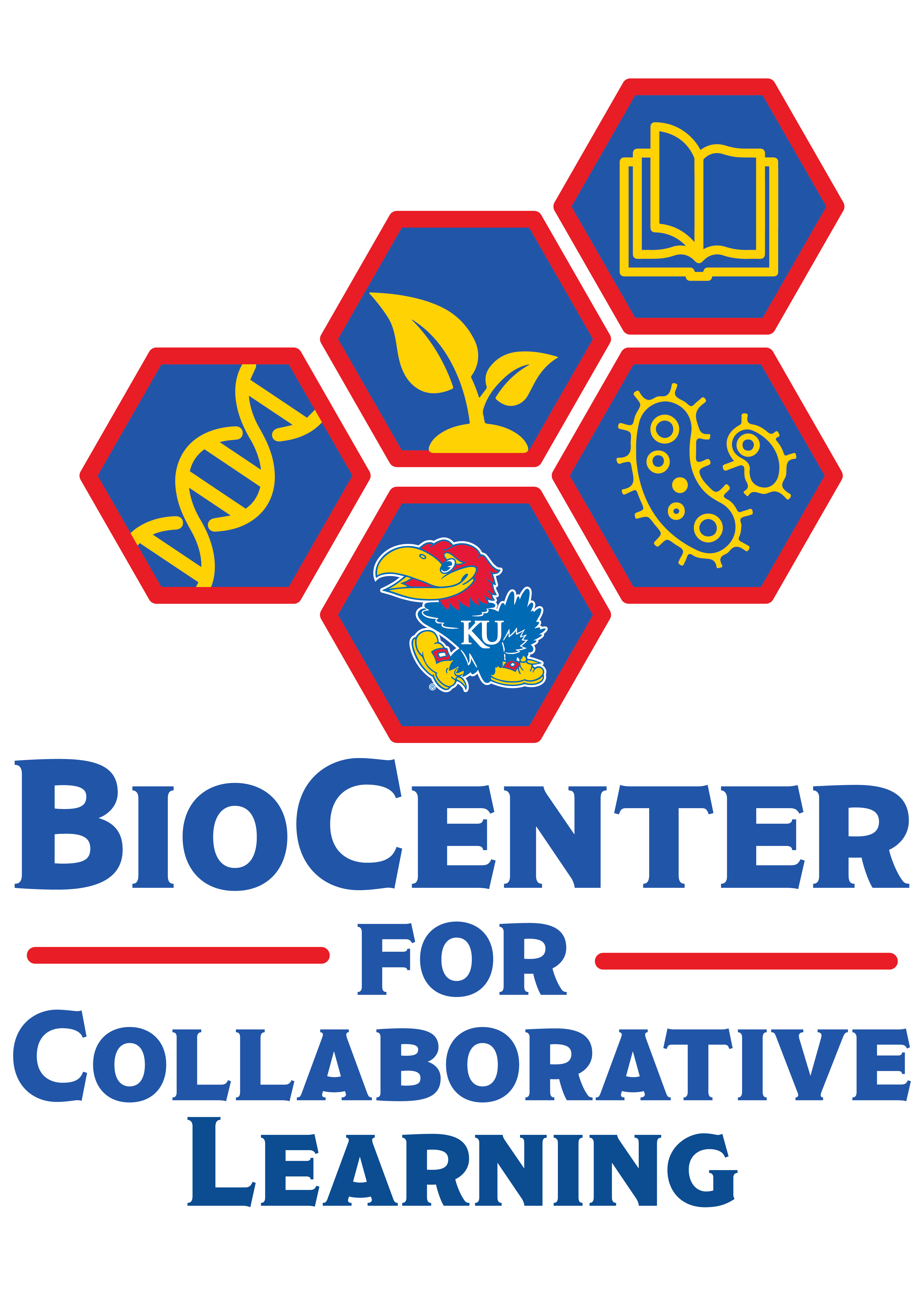 Biocenter Logo, Showing iconified images of a DNA strand, A plant, bacteria, an open book, and a Jayhawk